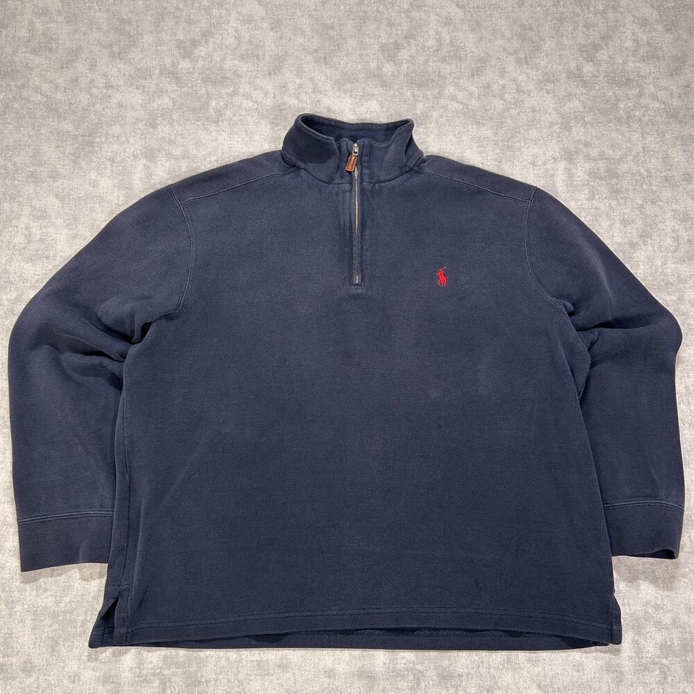 Vintage Polo Ralph Lauren Quarter Zip Pullover 100% Cotton Navy Blue Mens XL